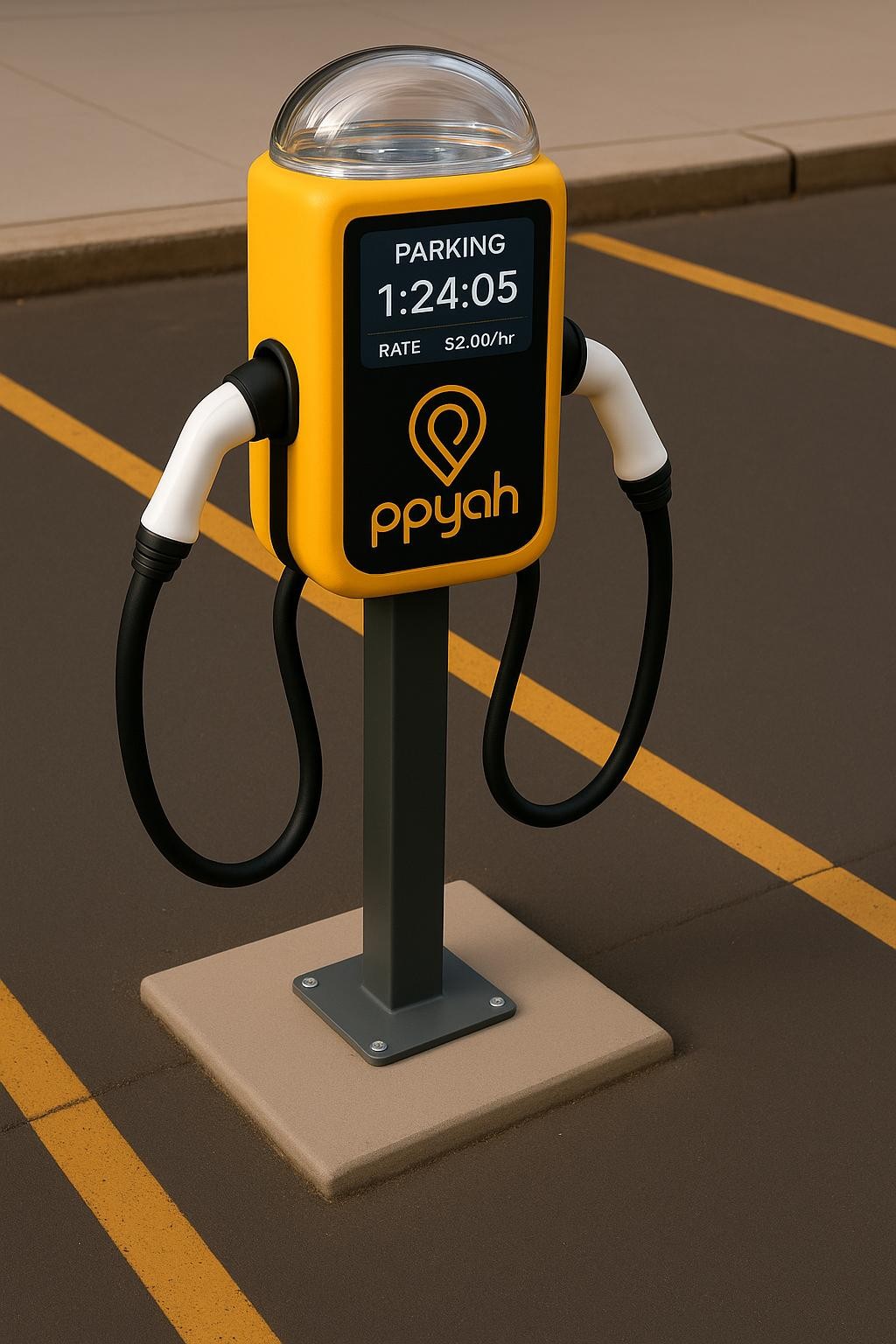 Papaya Smart Parking Meter with EV charging cables installed in parking space, showing digital display and weather-resistant design